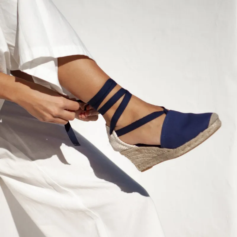 BIANKINA Almanera Sustainable Eco Friendly Vegan Canvas Espadrille Wedges in navy with lace-up detail