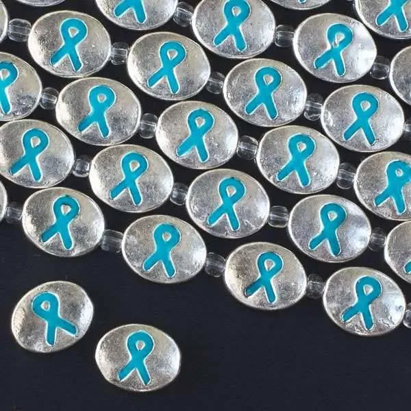 Cherry Tree Beads Silver oval beads with teal blue awareness ribbon on a strand