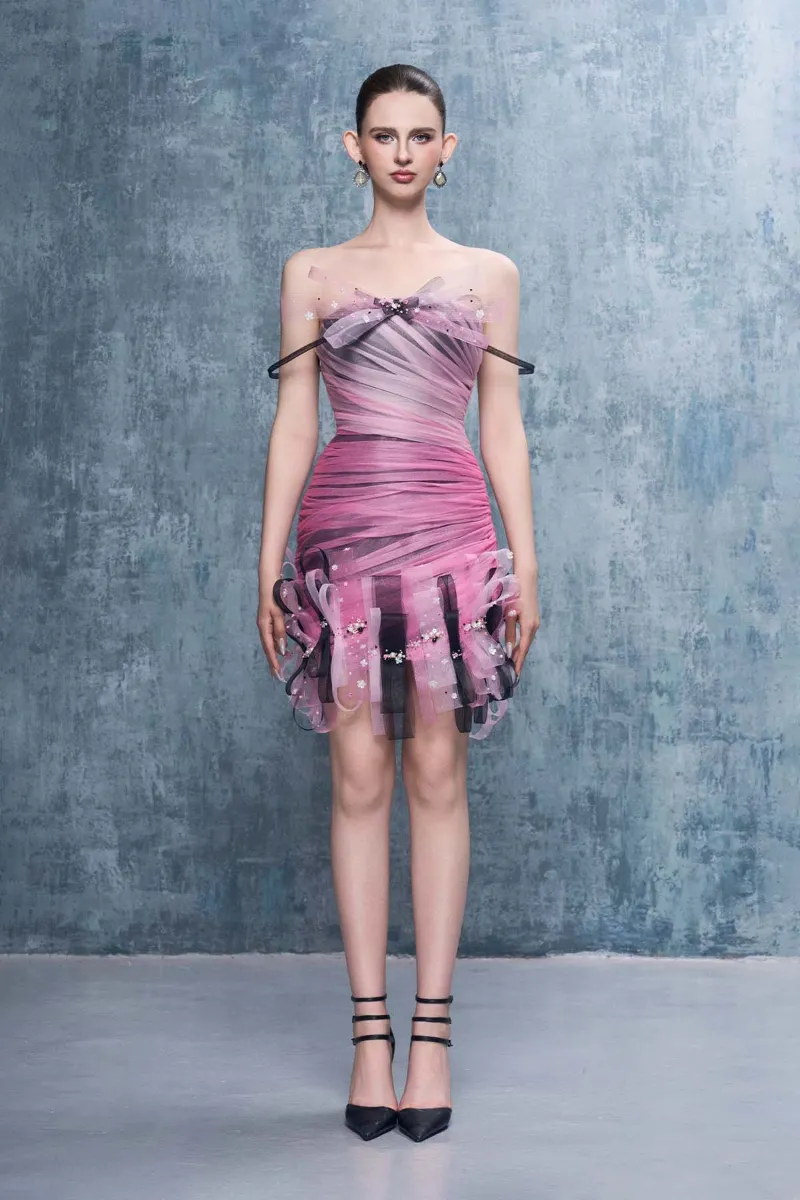 Kalisa Harper Mesh Off-Shoulder Mini Dress With Ombré Details in gradient colors