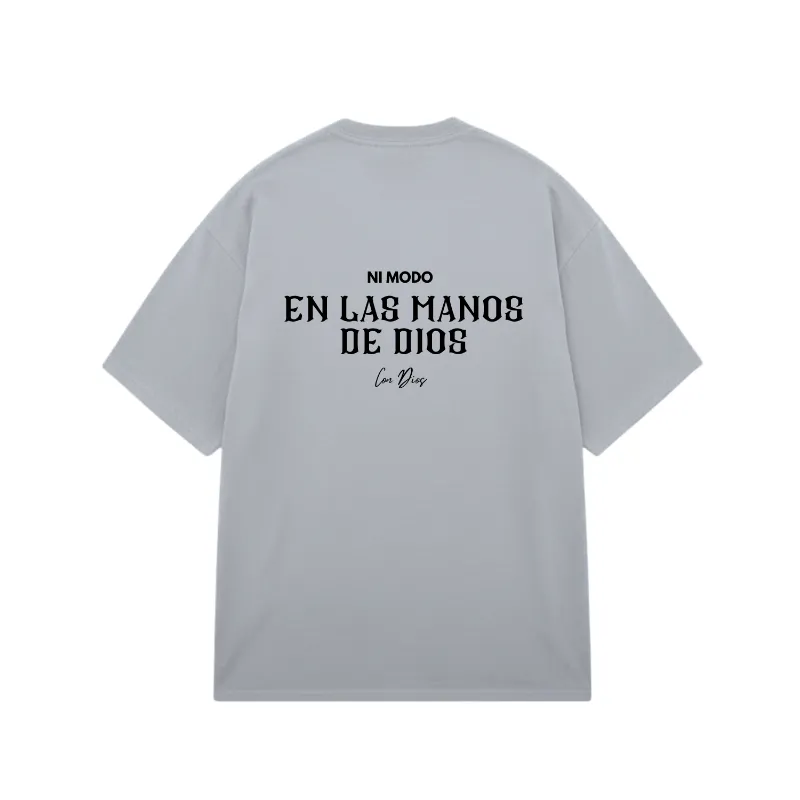 Nimodo En Las Manos De Dios T-Shirt in smoke grey with oversized fit and graphic lettering