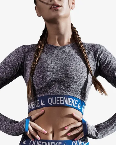 QUEENIEKE Seamless Long Slim Fit Sleeve top in black with contrast bands