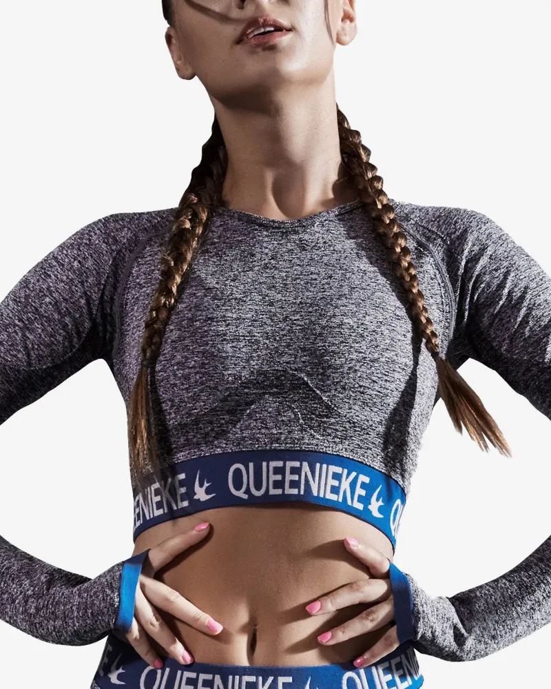QUEENIEKE Seamless Long Slim Fit Sleeve top in black with contrast bands