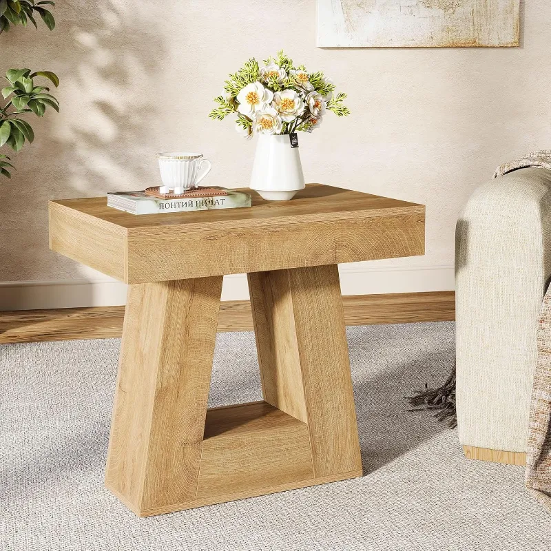 Tribesigns 24-inch end table with two tiers and trapezoid base in wood-grain finish