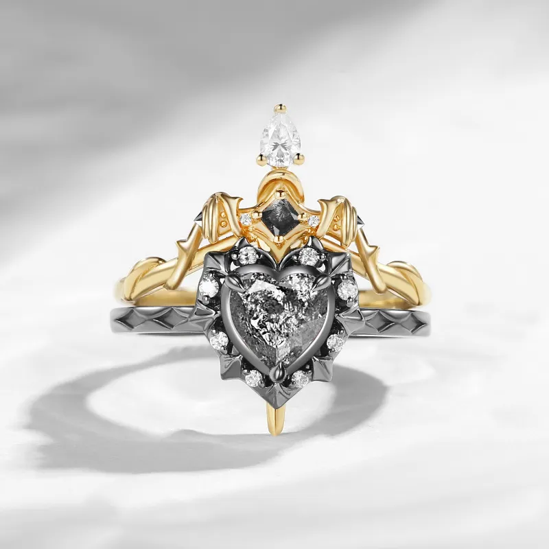 Starlandus 'Cupid's Arrow' Gothic Heart Cut Salt & Pepper Diamond Heart Sword Ring Alternative Bridal Set with gray speckled diamond