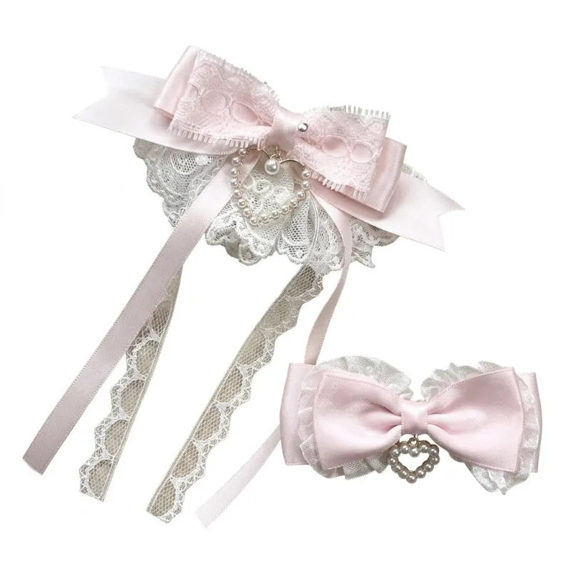 Shoptery Jirai Kei Pink Satin Lace Pearl Bow Hair Clip Set with dual clips featuring layered bows and pearl accents