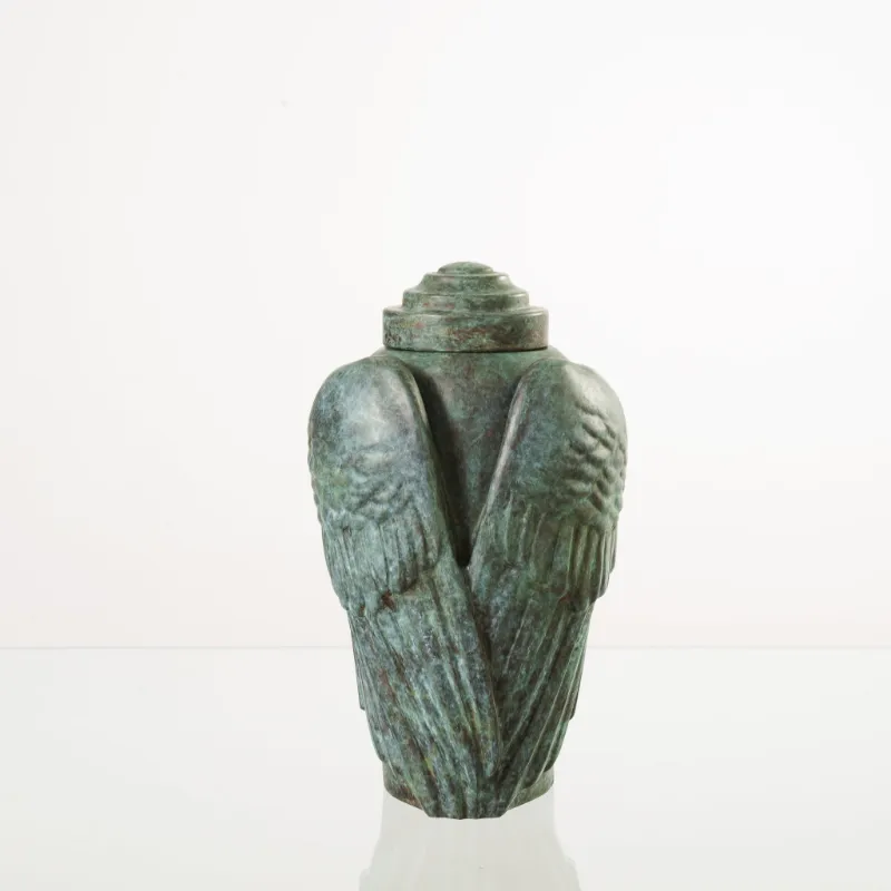 Pulvis Art Urns Cast Bronze Cremation Urn Wings in green patina finish with sculptural wing design