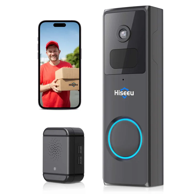 Hiseeu 2.4Ghz WiFi 2MP wireless doorbell camera mounted on door frame