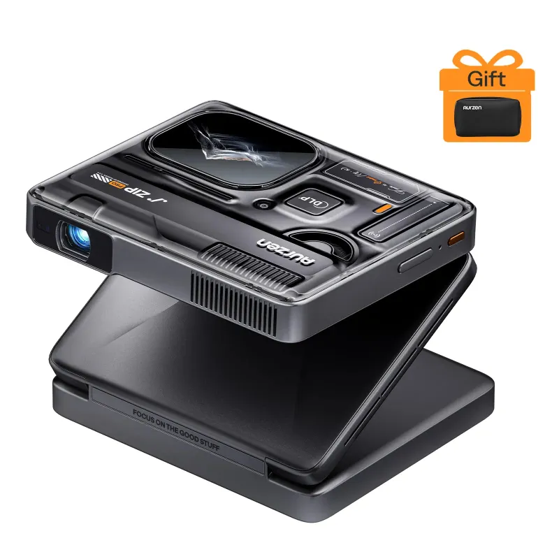 Aurzen ZIP Pro Tri-Fold Full HD Portable Projector in its compact folded form with sleek black design