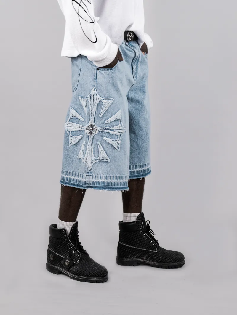 ARNTREAL Relic Blue Jorts denim shorts in washed blue with logo patch