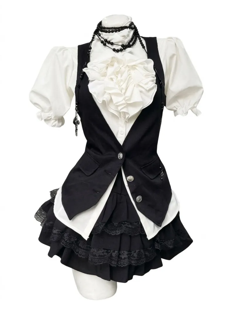 Shoptery Jirai Kei Ruffle Blouse Black Vest & Lace Skirt 3-Piece Set, three-piece coordinate with blouse, vest, and skirt