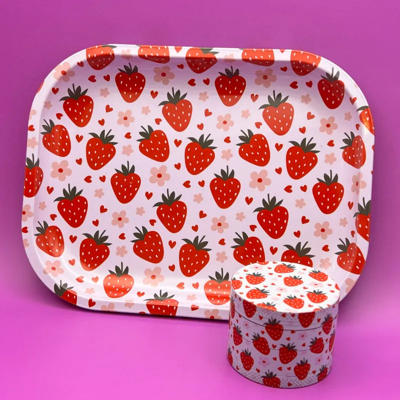High Dreams Rolling Tray and Grinder Set Strawberry featuring strawberries and daisies design on metal tray and grinder