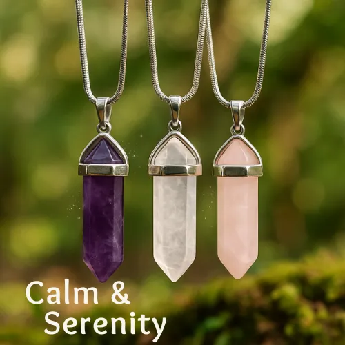 Turix Calm & Serenity Crystal Necklace set with amethyst, rose quartz, and clear quartz pendants