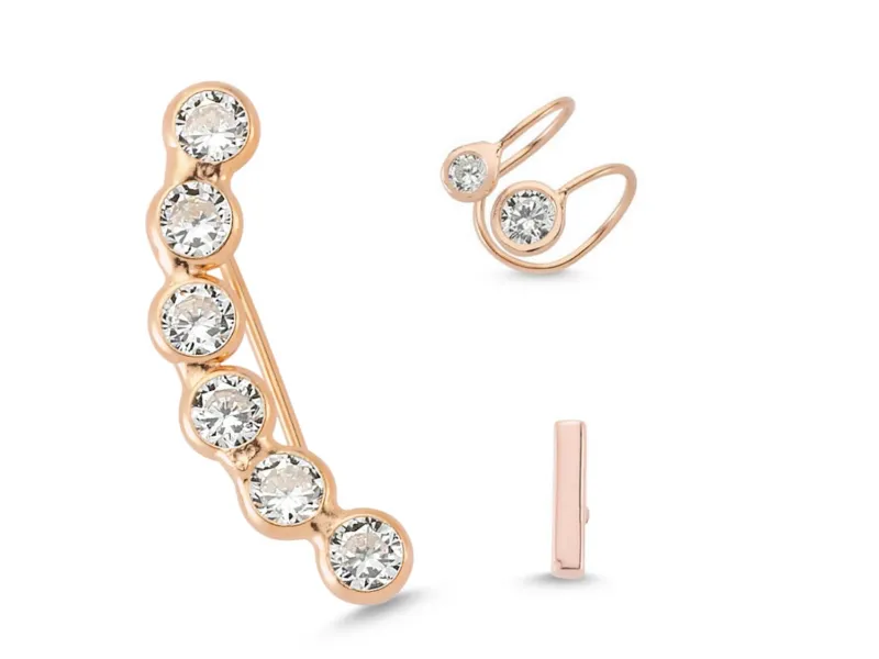 Amorium Jewelry Line Diamond Mini Bezel Ear Cuffs and Flat Bar Studs Set three pieces
