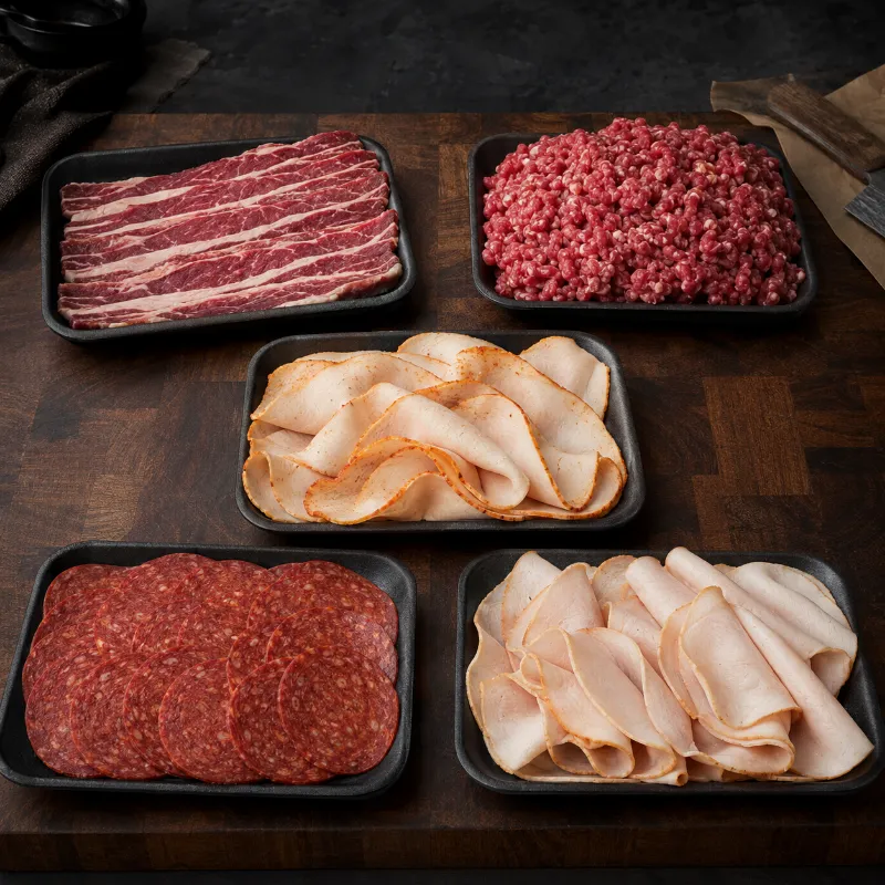Halal World Depot The Savory Sampler Box with beef bacon, ground beef, deli chicken, pepperoni, and smoked turkey