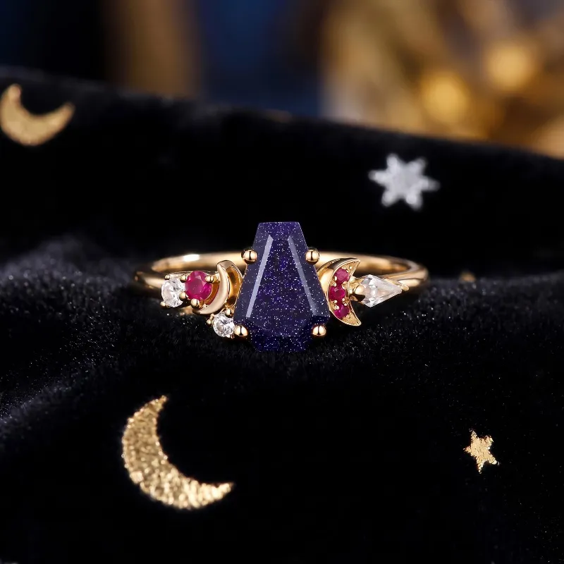 Starlandus 'Blossom Moon' Art Deco Coffin Blue Sandstone Crescent Moon Engagement Ring with Natural Ruby Accents