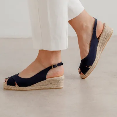 BIANKINA Oliva Women's Vegan Espadrille Wedge Sandals in navy blue with ankle strap