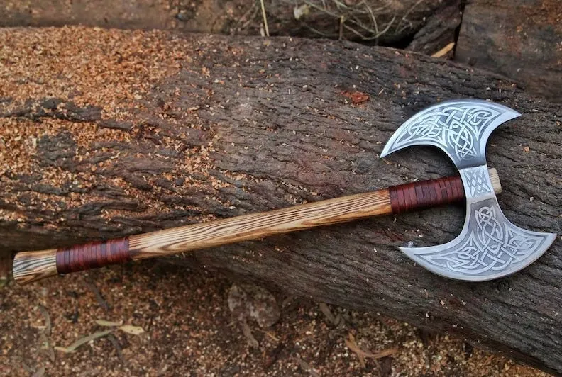 MyHackerTech Custom Handmade High Carbon Engraved Double Head Viking Axe with ash wood handle