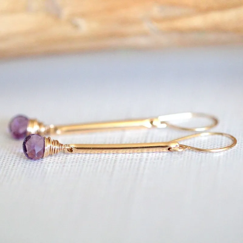 Spirit Nest Amethyst Bar Earrings with faceted gemstone drop design