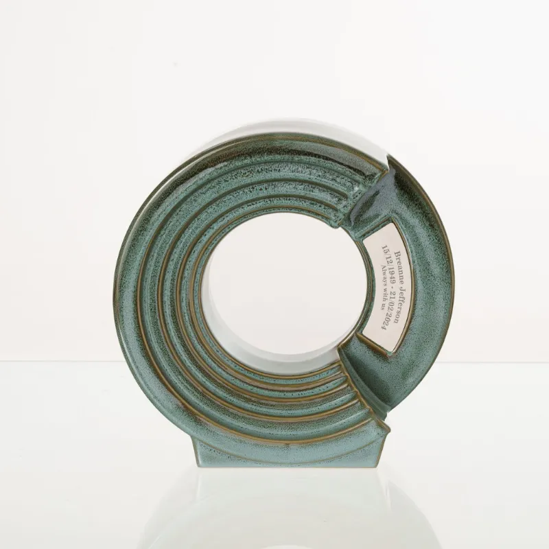 Pulvis Art Urns Cremation Urn Solace Adult Memorial Urn in Oily Green Melange with deep organic green tones