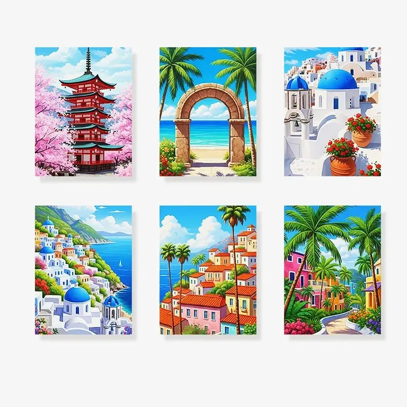 Maikoo Art 6 Mini PBN Seaside scenery Framed paint by number set showing six small framed canvases with coastal views