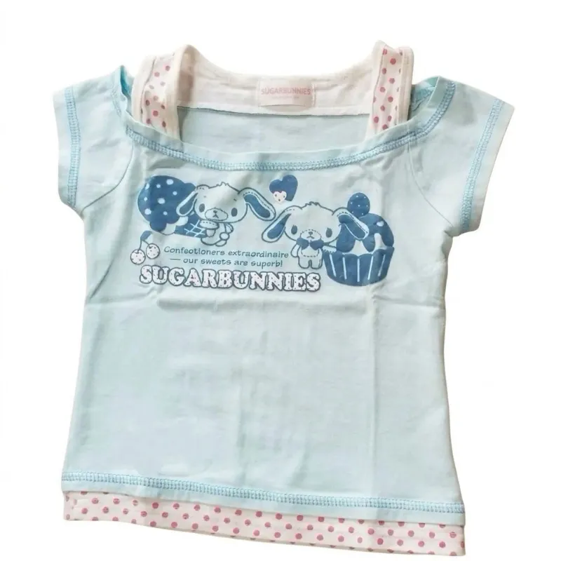 Shoptery Fairy Kei Sugarbunnies Sanrio Layered Pastel Blue Crop Tee with cartoon graphics