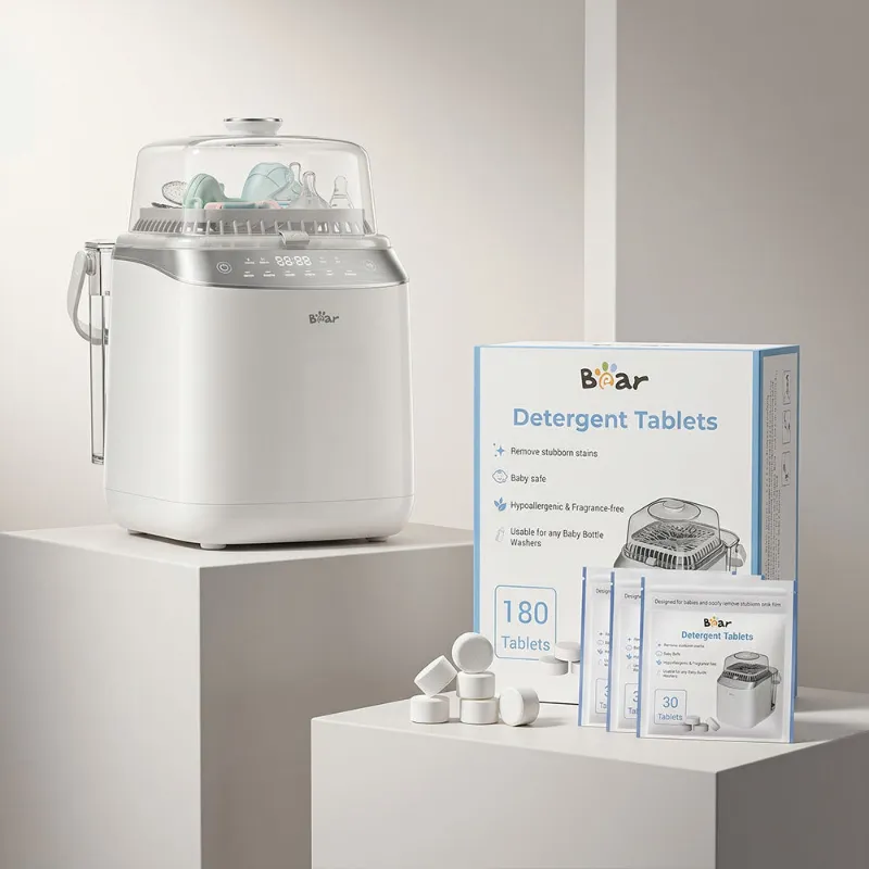 Bearforbaby Bear Bottle Washer Pro and detergent tablets bundle, showing white machine and tablet packaging