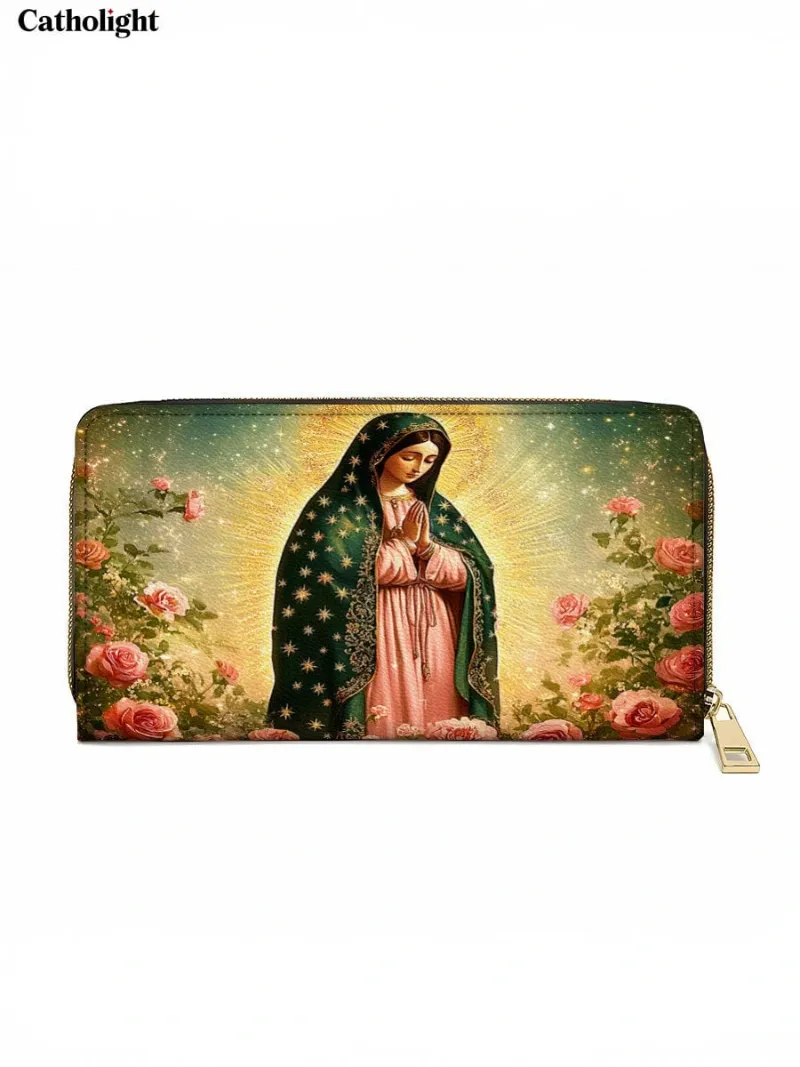 Catholight Roses of Guadalupe Leather Wallet Purse with Our Lady of Guadalupe and pink roses
