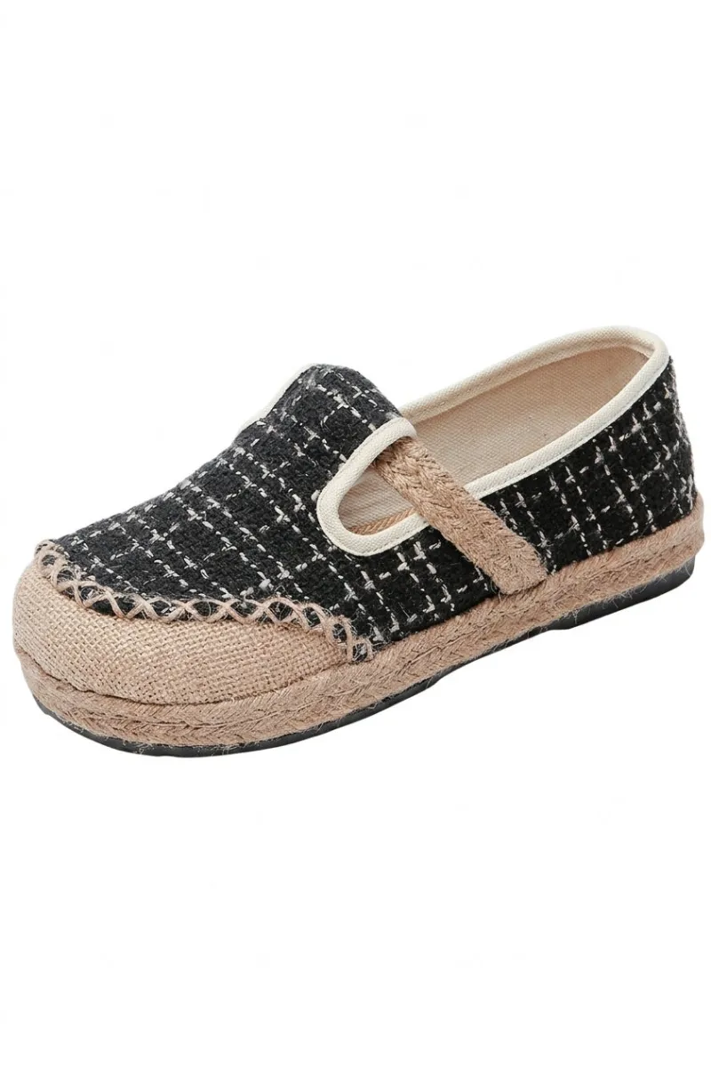Cottagecore Clothes Cottagecore Platform Loafers in black tweed with chunky jute platform sole and slip-on style