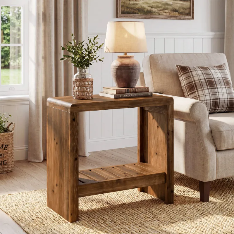 Tribesigns solid wood end table with rounded edges and slatted lower shelf