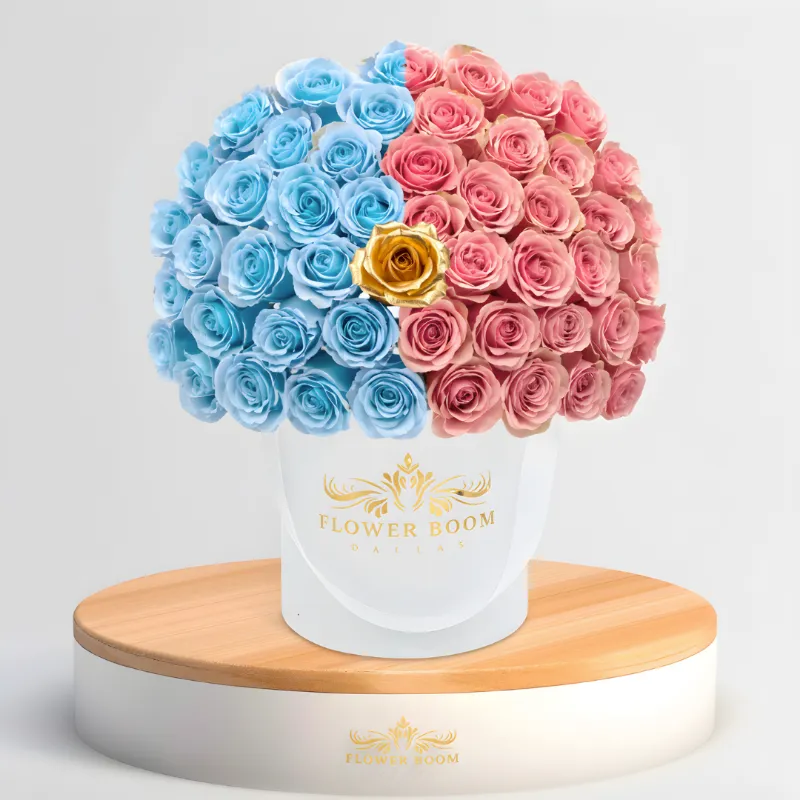 Flower Boom Dallas Gender Reveal Flower Arrangement with blue and pink roses and gold reveal rose in center