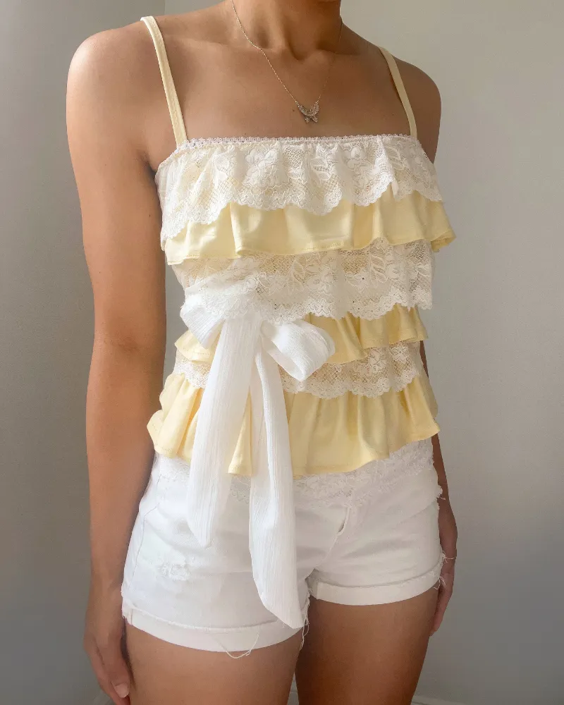 Bit By Angie Handmade & hand-dyed Iced lemonade lace ruffle cami - hand-dyed butter yellow bamboo lace cami