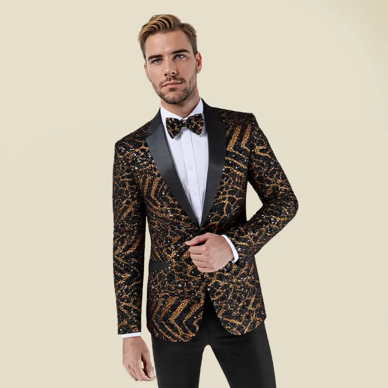 Cloudstyle C4B0041 Series One-Button Striped Sequin Blazer in gold with bow tie