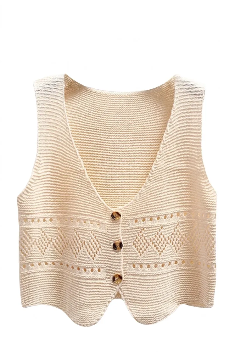 Cottagecore Clothes Cottagecore Button Vest in cream with openwork diamond panels and tortoiseshell buttons