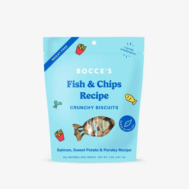 Found My Animal Bocce's Bakery Fish and Chips Crunchy Dog Treat biscuits spilled from bag