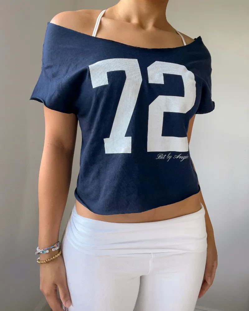 Bit By Angie #72 cutoff tee, navy blue off shoulder cotton top with custom cut sleeves