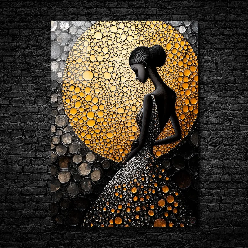 CruArt Golden Elegance metal poster showing feminine silhouette with golden circular textures