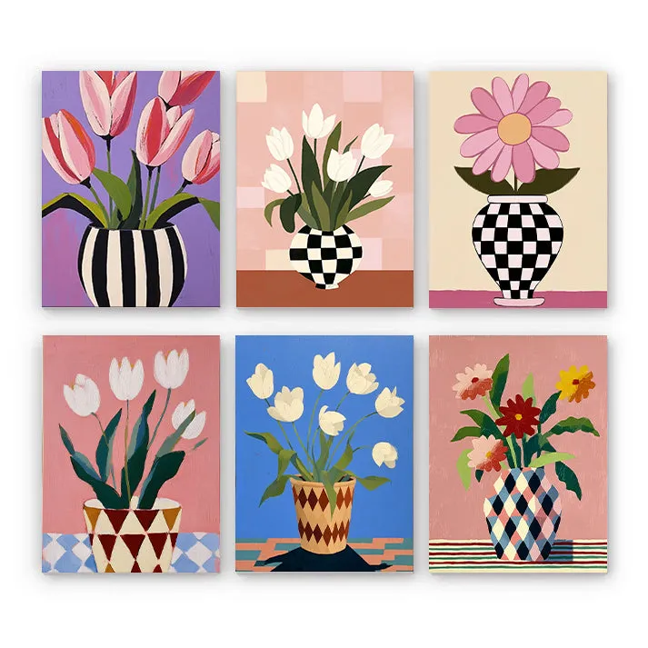 Maikoo Art 6 Mini PBN Vase & Bloom Harmony paint by numbers kit with six small floral canvases