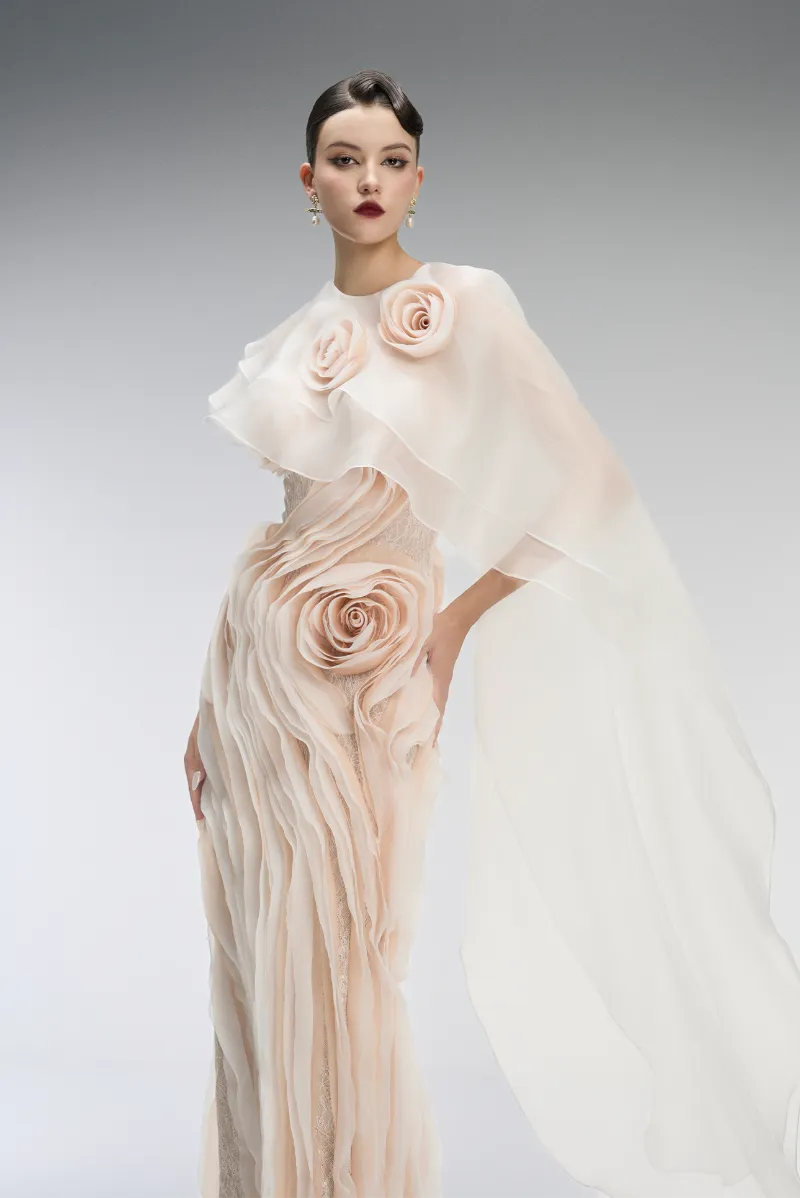 Kalisa Ember Couture Dual Style Bandeau Layered 3D Roses Maxi Dress in Nude with veil