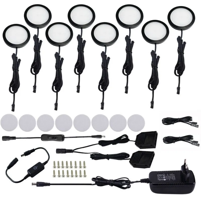 AIBOO Black Led Under Cabinet Lamp round 8 counter Lights Lighting Kit with touch dimmer switch for cupboard Kitchen