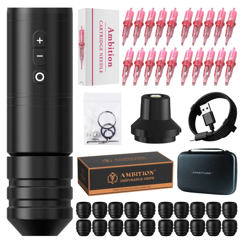 Ambition Tattoo Ninja Pro Wireless Tattoo Machine Kit with replaceable battery and accessories