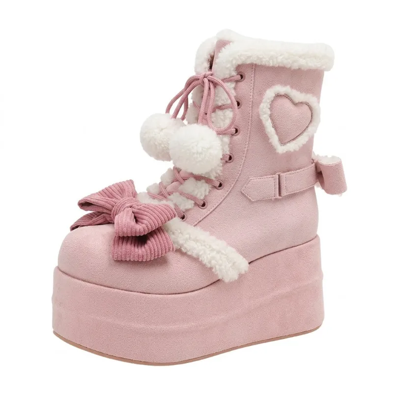 Shoptery Jirai Kei Fluffy Heart Platform Snow Boots with Pom-Pom Laces, showing pale flannel upper and oversized bow detail