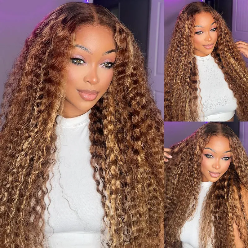 Megalook 13x6 Three-Go honey blonde highlight Burmese curly glueless wig with drawstring