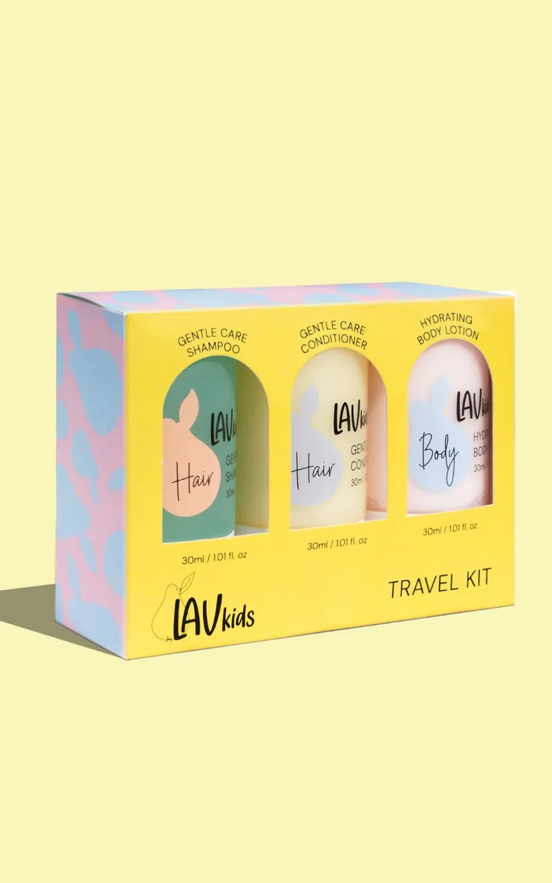 Lav Kids Travel Essentials Mini Set with travel-size shampoo, conditioner, and body lotion