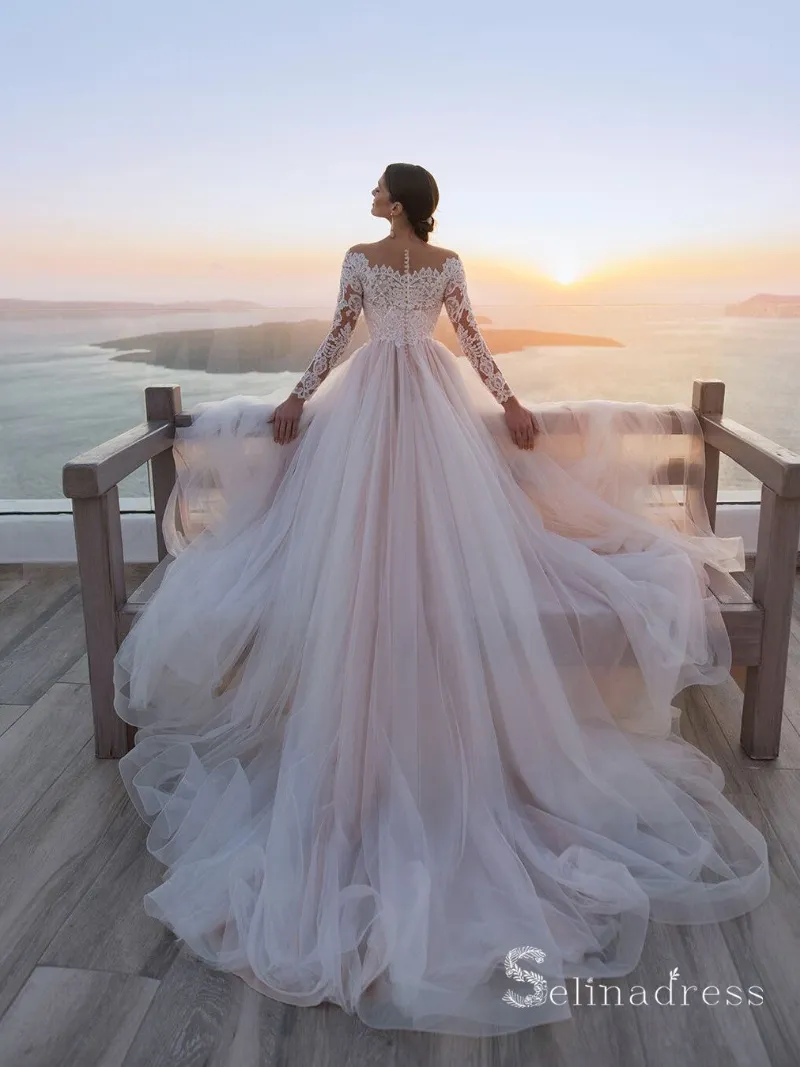 Selinadress A-line Bateau Long Sleeve Lace Illusion Wedding Dress, tulle bridal gown with lace sleeves