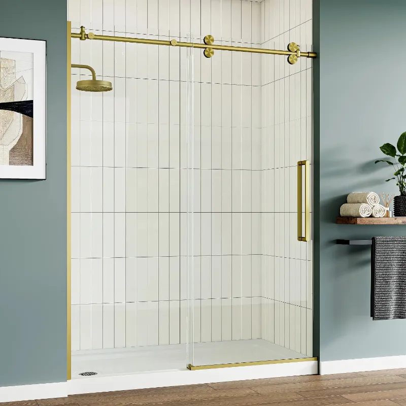 HOROW Brushed Gold Frameless Shower Door MI6076-SG, gold finish frameless sliding glass shower door
