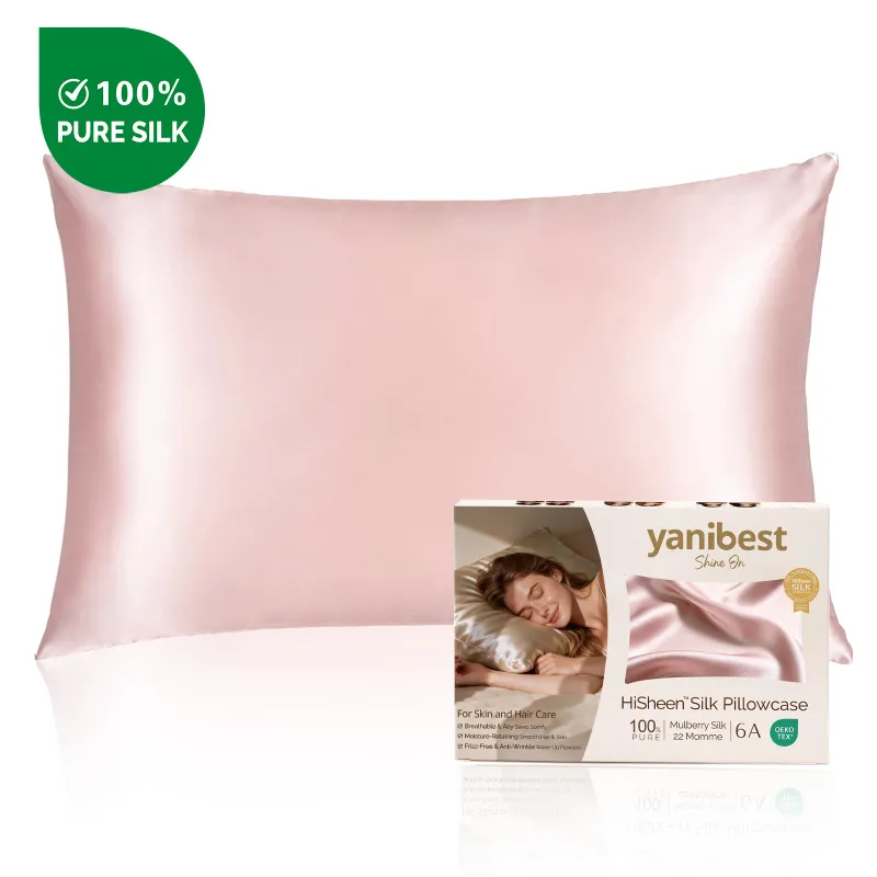 Yanibest Mulberry Silk Pillowcase 22MOMME 6A in Rose Pink on a bed