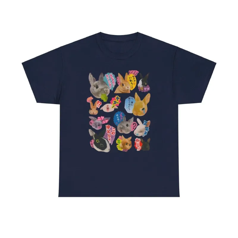 Shoptery Decora Kawaii Bunny Sticker Collage Japanese Text Graphic Tee laid flat showing the pastel bunny print