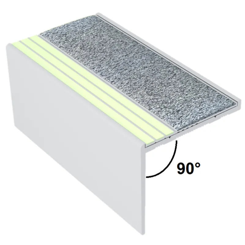 ComposiGrip Ecoglo RF7B161 Gray photoluminescent resilient flooring stair nosing profile on a step edge