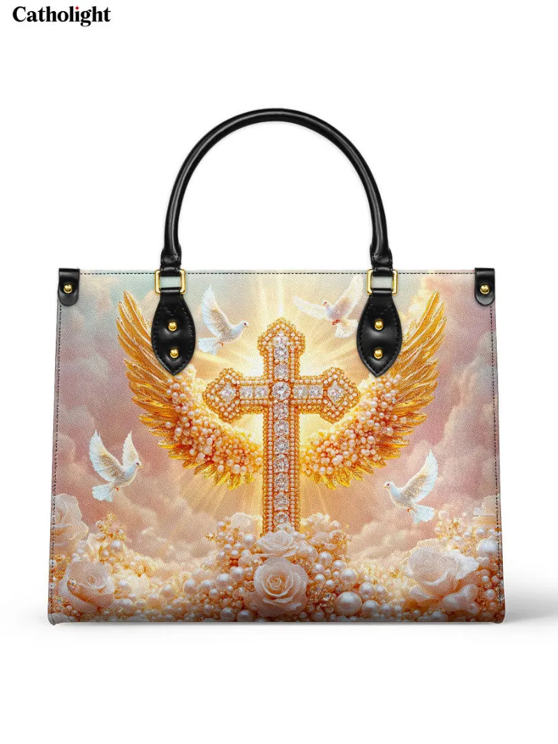 Catholight Dove of Peace Leather Bag with jeweled cross and angel wings