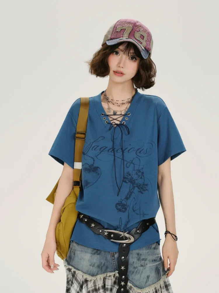Juwas Adorable V-Neck Tie-Waist Casual Summer Top showing flowy summer blouse.